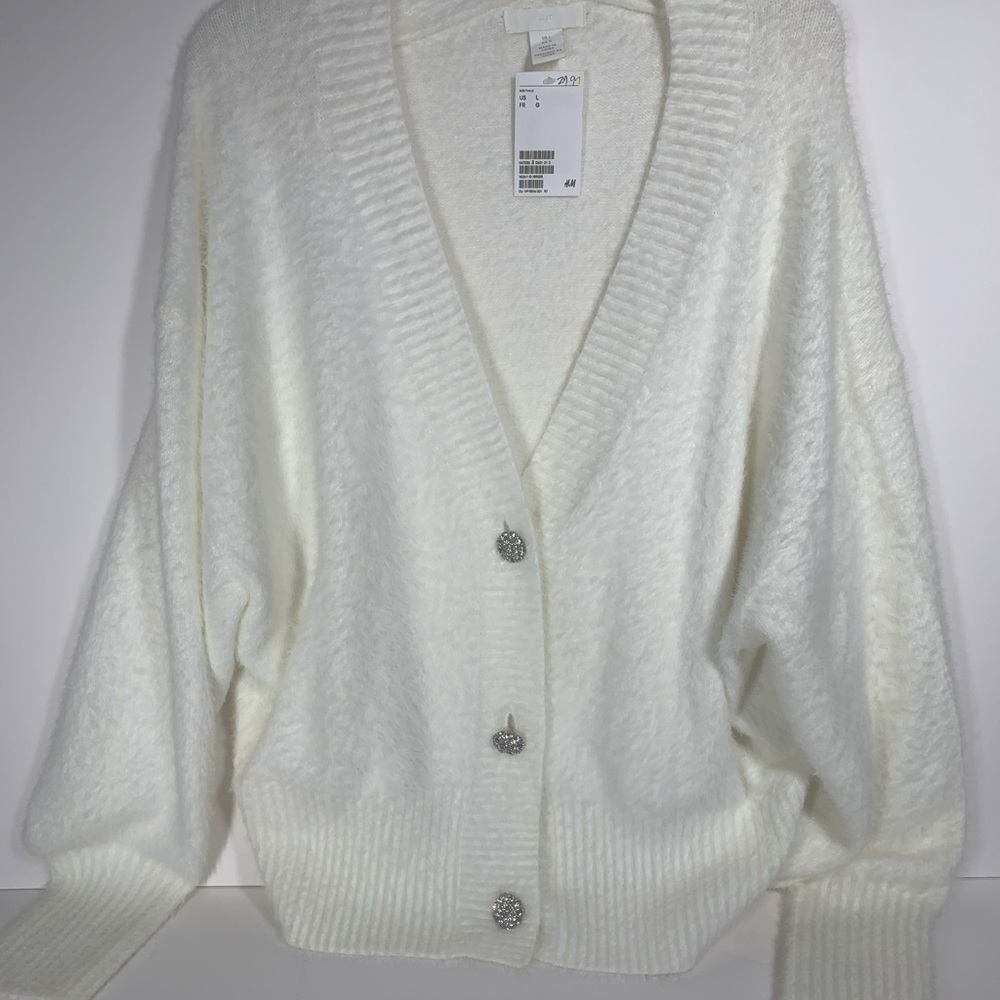H&M White jeweled button up cardigan sweater-- Large- NEW with tags